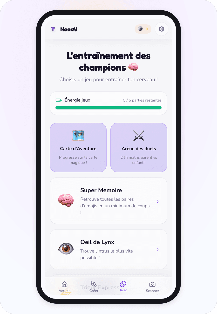 Écran réel Jeux de NoorAI Devoirs avec les activités Carte d’Aventure, Arène des duels, Super Mémoire et Œil de Lynx