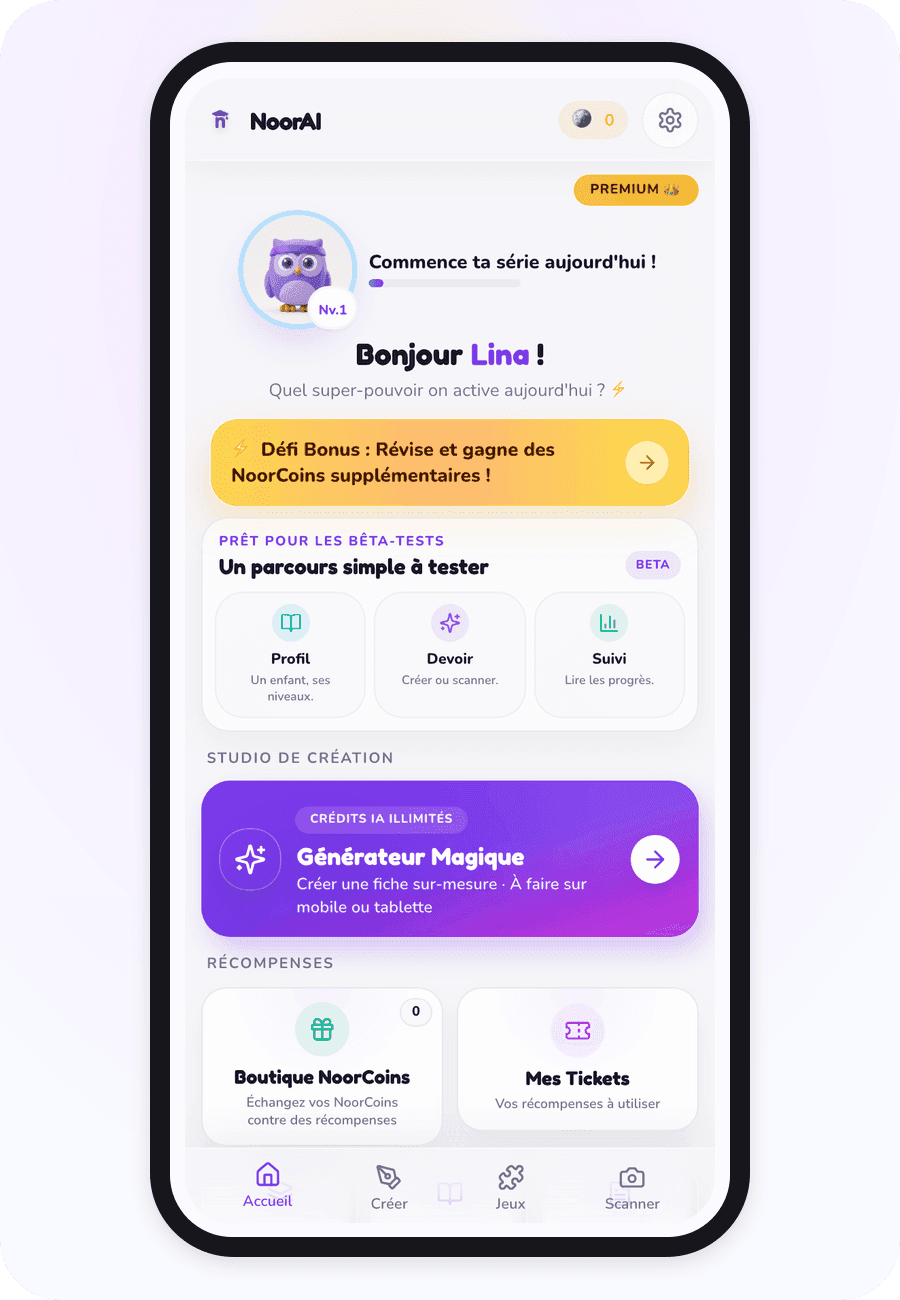 Écran réel d’accueil de NoorAI Devoirs avec le profil Lina, le générateur, les récompenses et la navigation principale