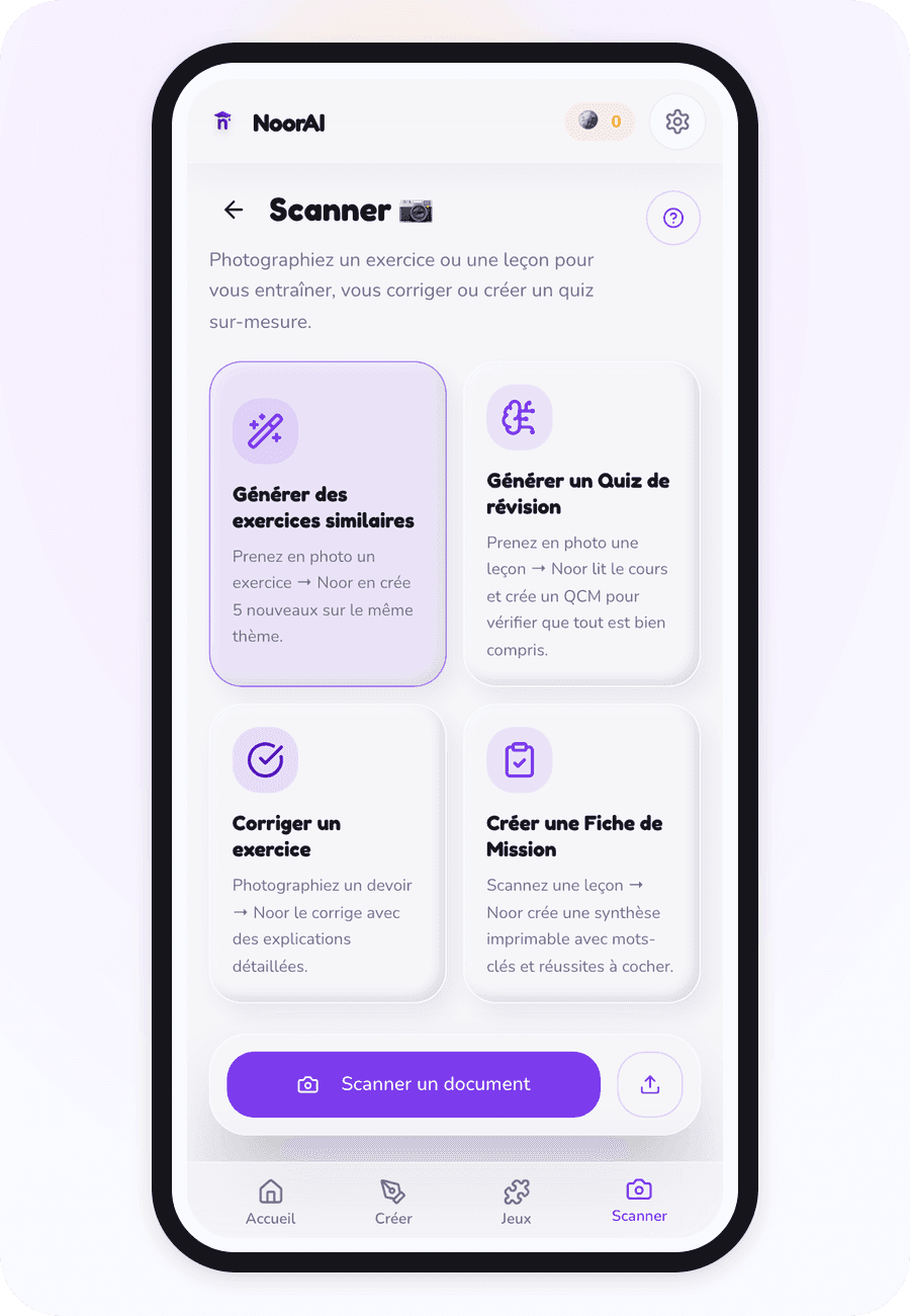 Écran Scanner de NoorAI Devoirs